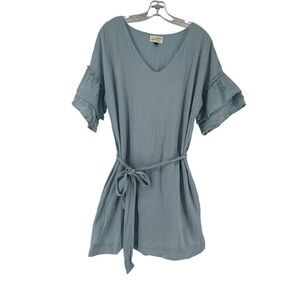 Universal Thread Blue Dress Ruffle Short Sleeve Belted V Neck Size M Preppy